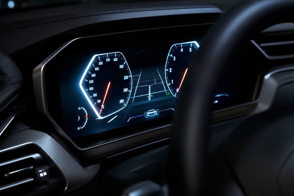 BMW digital instrument cluster lit at night, seen from the driver seat through the steering wheel