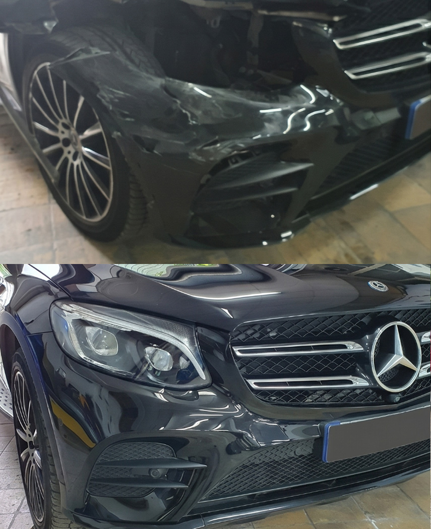Before and after: a black Mercedes-Benz with its front bumper crushed and torn open, above; the front end finished with bumper, grille and headlight in place, below.