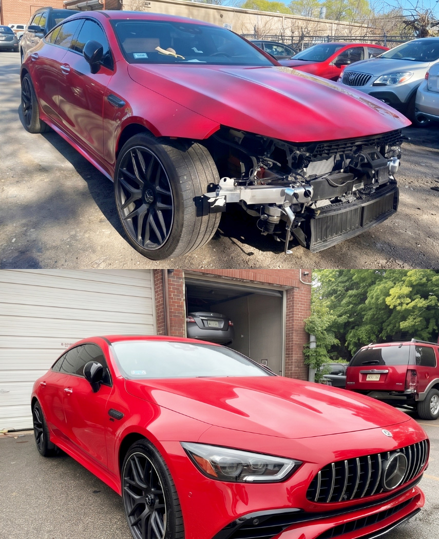 Before and after: a red Mercedes-AMG four-door coupe with its bumper and headlights stripped down to the crash bar, above; the same front end rebuilt and finished, below.