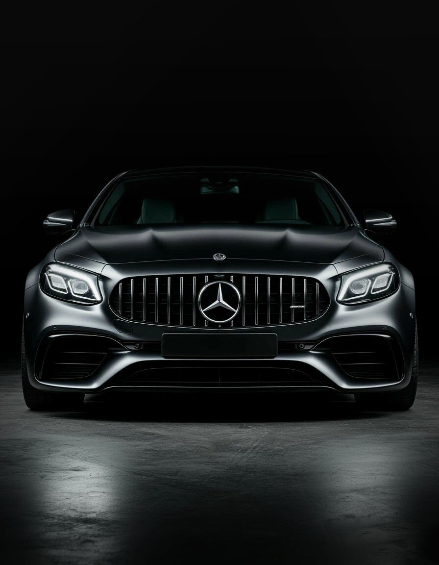 Mercedes-AMG sedan photographed head-on in a darkened shop bay